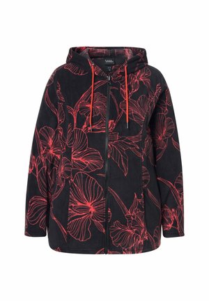 Hoodie in zwarte stof met rode bloemprint, rits sluiting en voorzak. Gladde textuur met verstelbare trekkoorden.