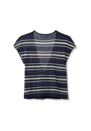 Navy gestreiftes Oberteil mit V-Ausschnitt, kurzen Ärmeln und einer weichen, leichten Textur mit abwechselnden Streifen in Creme und Hellblau.
