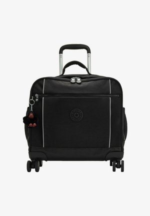 Black rolling suitcase with silver accent lines, double zippers, and logo. Includes a monkey-shaped keychain attached to a side handle.
