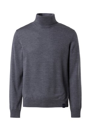 Dark grey turtleneck sweater made of soft fabric, featuring long sleeves and a ribbed hem. Subtle texture with a small logo accent at the bottom.
