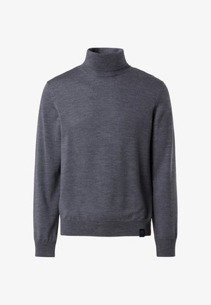 Dark grey turtleneck sweater made of soft fabric, featuring long sleeves and a ribbed hem. Subtle texture with a small logo accent at the bottom.