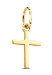 Gouden kruis hanger met een gepolijste oppervlakte en een ronde lus voor bevestiging, met rechte, strakke lijnen en een symmetrisch ontwerp.