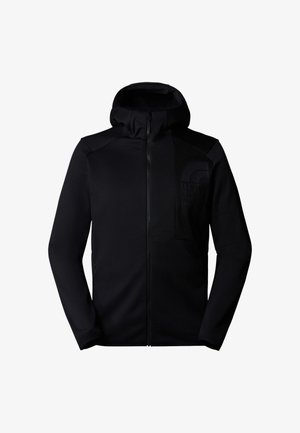 Chaqueta negra con cremallera y capucha, que presenta una tela texturada, bolsillos laterales y un gran logo impreso en el pecho.
