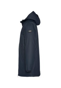 Marineblaue Winterjacke mit Kapuze, Vordertasche mit Reißverschluss und Schott-Logo-Patch am Oberarm, seitlich gezeigt.