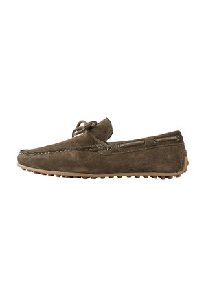 Brown suede driving loafer with moccasin stitching, lace detail on top and rubber studded sole.