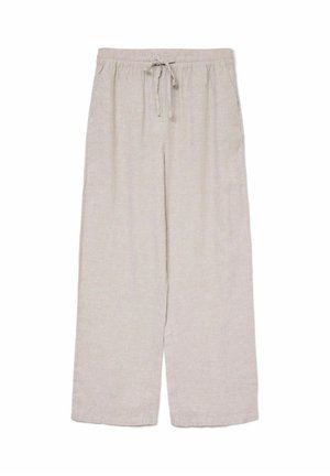 Pantalon beige à jambes larges avec taille élastique et cordon de serrage, fabriqué en tissu léger.