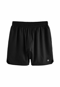 Black athletic shorts made of lightweight fabric. Features an elastic waistband and side pockets. Hem has a slight curve at the edges.
