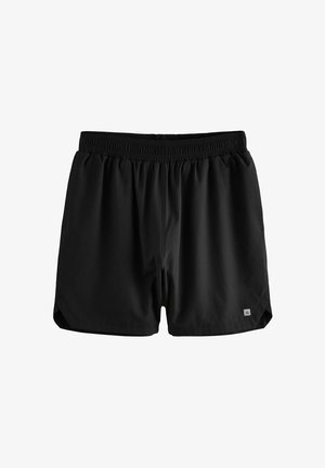 Črne športne kratke hlače iz lahkotnega materiala. Imajo elastični pas in stranske žepe. Robovi so rahlo ukrivljeni.