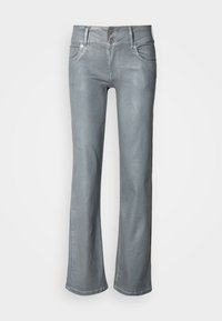 Halli teksade püksid, millel on laienev sääreosa, kaks esitaskut ja topeltnööpidega vöökoht. Sile tekstuur ja puhas viimistlus.