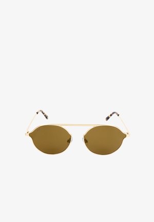 Occhiali da sole ovali con montatura dorata, lenti marroni sfumate e aste sottili con punte a motivo tartarugato.