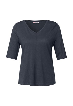 Czarnoszary t-shirt z dekoltem w serek i rękawami o długości trzech czwartych, wykonany z miękkiego materiału, charakteryzuje się luźnym krojem, gładką fakturą i brakiem widocznych wzorów.