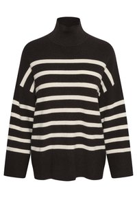 Suéter de cuello alto a rayas en blanco y negro. Hecho de tejido de punto, presenta un ajuste relajado con mangas largas y un cuello alto.