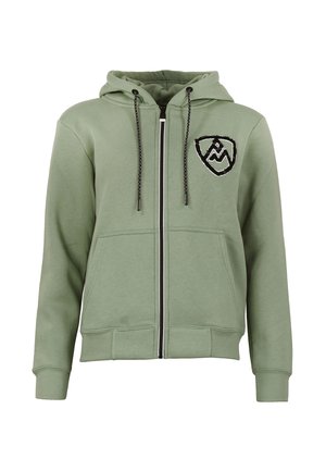 Sweat à capuche zippé vert avec cordons noirs et blancs et un logo montagne brodé noir et blanc sur la poitrine gauche.