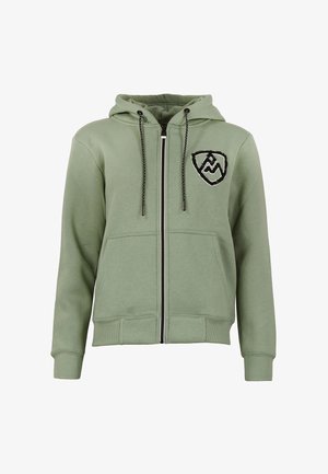 Sweat à capuche zippé vert avec cordons noirs et blancs et un logo montagne brodé noir et blanc sur la poitrine gauche.