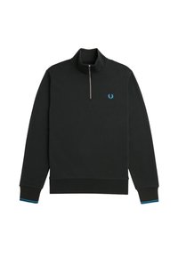Sudadera negra con cuello de cremallera, que presenta un logo azul en el pecho y acentos azules en los puños. Fabricada con un tejido suave y de corte relajado.