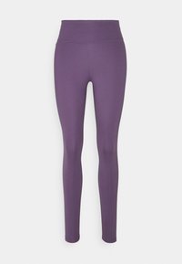 Leggings viola con vita alta, realizzati in tessuto elasticizzato, caratterizzati da una superficie liscia e un design aderente.