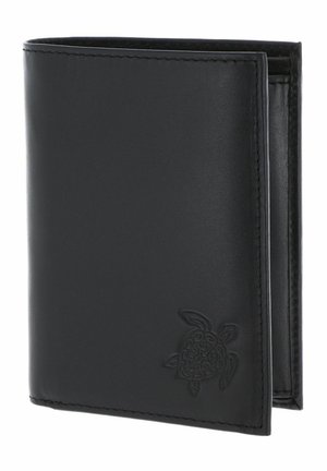 Black leather bi-fold wallet with embossed turtle design on the lower right corner, shown partially open.