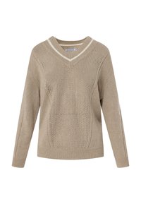 Maglione lavorato a maglia beige con scollo a V, sezione centrale testurizzata e polsini e orlo a coste. Presenta una striscia più chiara lungo il collo.