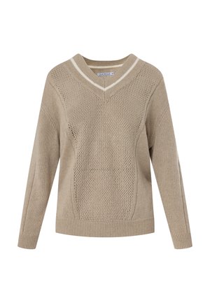 Beige gebreide sweater met een V-hals, textuur in het midden en ribbelmanchetten en zoom. Heeft een lichtere streep langs de halslijn.