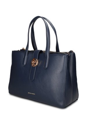 Marineblauwe leren handtas met twee bovenhandvatten, gouden ronde sluiting en ritsvak. Pierre Cardin merknaam in gouden letters aan de voorkant.