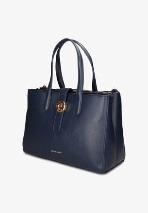 Marineblauwe leren handtas met twee bovenhandvatten, gouden ronde sluiting en ritsvak. Pierre Cardin merknaam in gouden letters aan de voorkant.