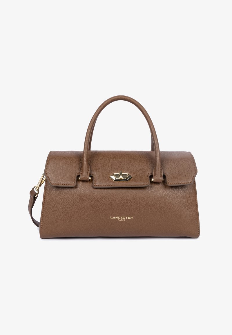 Borsa a mano in pelle marrone con un design strutturato, manici superiori rotondi, hardware dorato e chiusura a scatto. Presenta il logo del marchio impresso sul fronte.