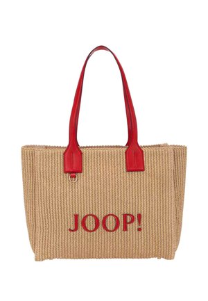 Bolso tejido beige con asas de cuero rojas y logo rojo de JOOP! centrado en la parte delantera.