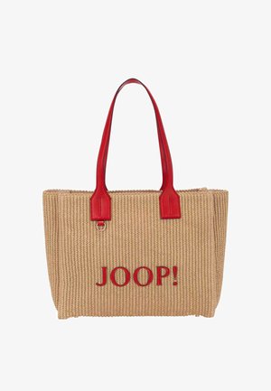 Beżowa pleciona torebka z czerwonymi skórzanymi uchwytami i czerwonym logo JOOP! na środku z przodu.