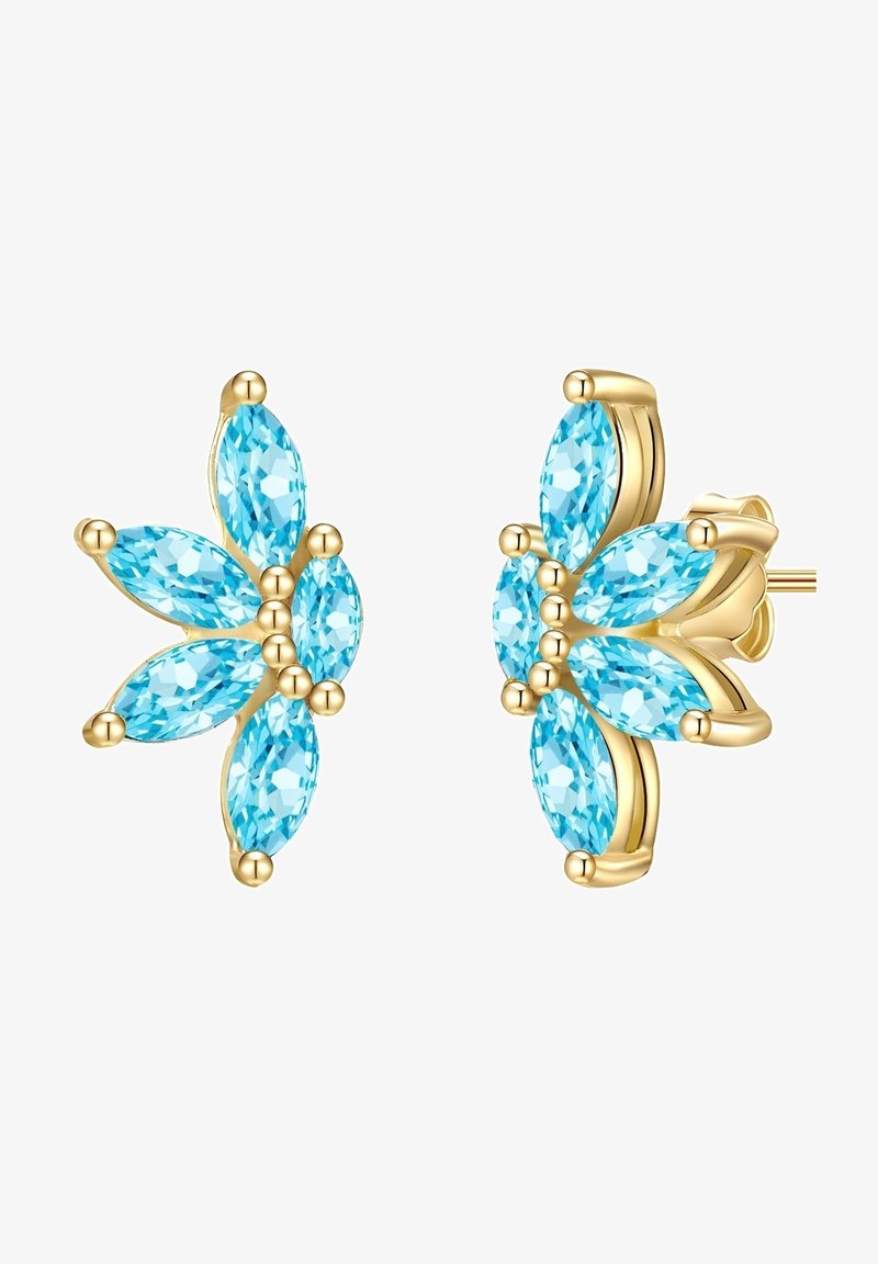 Boucles d'oreilles en forme de fleur en ton doré ornées de cristaux en forme de poire bleu, montés sur des griffes courbées, avec des perles rondes en accent au centre et aux extrémités.