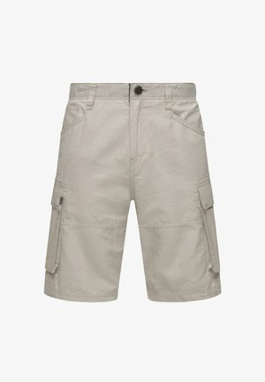 Pantaloni cargo beige realizzati in una leggera miscela di cotone, con tasche laterali, tessuto texturizzato e chiusura con bottone in vita.