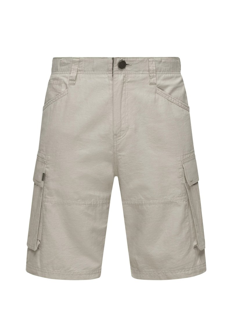 Pantaloni cargo beige realizzati in una leggera miscela di cotone, con tasche laterali, tessuto texturizzato e chiusura con bottone in vita.