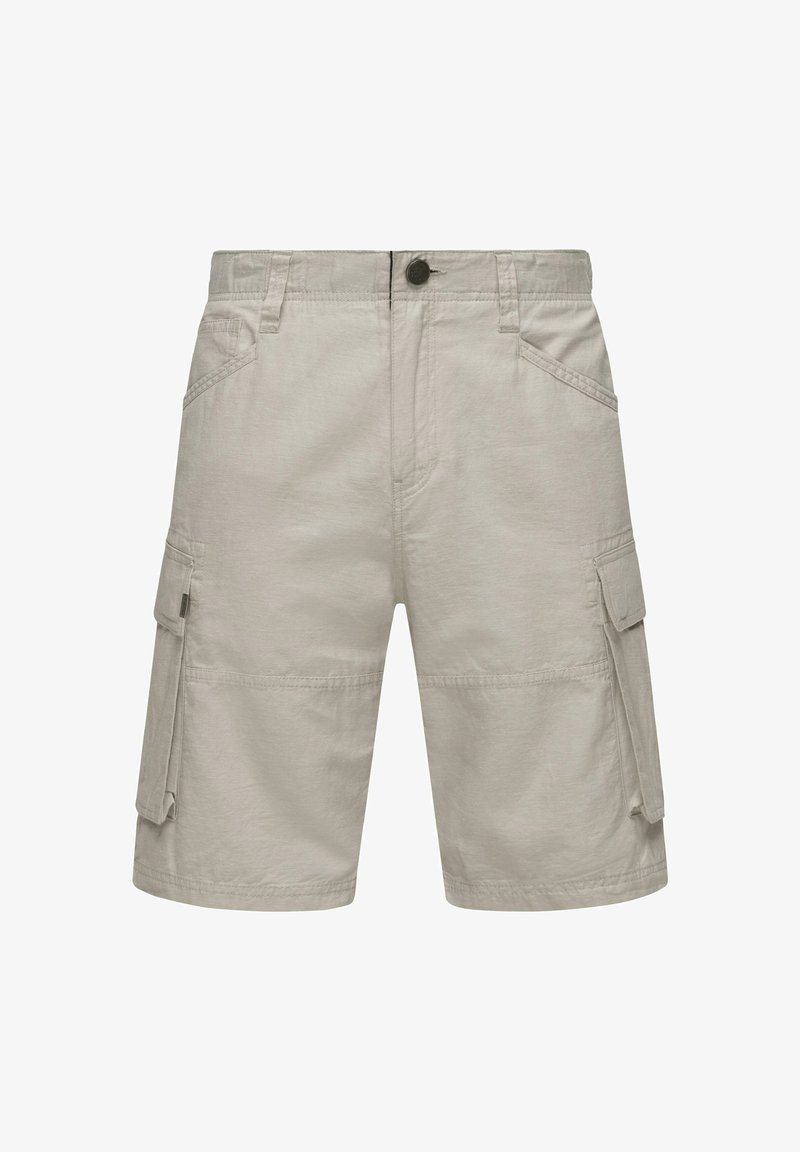 Pantaloni cargo beige realizzati in una leggera miscela di cotone, con tasche laterali, tessuto texturizzato e chiusura con bottone in vita.