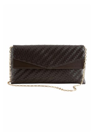 Dark brown woven leather clutch purse with a gold chain strap and triangular flap closure on a white background.