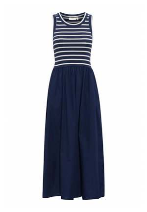 Navy maxi dress with white horizontal stripes, sleeveless ribbed bodice, and a flowing, gathered skirt. Smooth fabric texture.