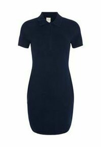 Robe polo bleu marine, avec col, manches courtes et silhouette ajustée. Fabriquée en tissu lisse sans motifs ni accents visibles.