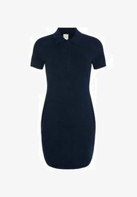 Polokjole i navy blå med krave, korte ærmer og en figursyet silhuet. Fremstillet af glat stof uden synlige mønstre eller detaljer.