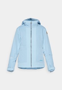 Hellblaue Jacke mit einem Reißverschluss vorne, verstellbare Kapuze und elastischen Bündchen. Besondere Merkmale sind strukturierte Akzente und ein Logo am Ärmel.