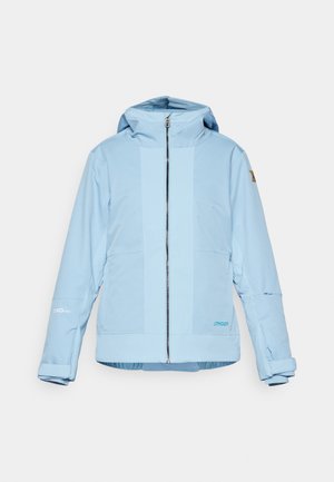 Light blue jacket with a zippered front, adjustable hood, and stretch cuffs. Features textured accents and a logo on the sleeve.