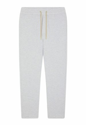 Pantalon de survêtement gris clair avec une taille élastique et des cordons beiges, doté de poches latérales et d'une coupe droite.