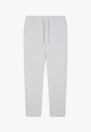 Pantalon de survêtement gris clair avec une taille élastique et des cordons beiges, doté de poches latérales et d'une coupe droite.