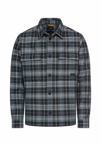 Chemise à carreaux en tissu tissé de couleur marine, grise et bleu clair. Elle dispose de deux poches avant, d'une fermeture à boutons et d'un col classique.