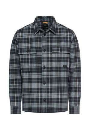 Chemise à carreaux en tissu tissé de couleur marine, grise et bleu clair. Elle dispose de deux poches avant, d'une fermeture à boutons et d'un col classique.