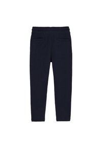 Tumši zili treniņbikses ar elastīgu jostu, diviem aizmugurējiem kabatām un sašaurinātu kāju dizainu. Izgatavotas no mīksta kokvilnas materiāla.