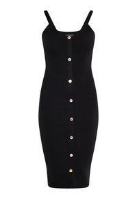 Robe noire moulante tricotée avec un décolleté en V, des bretelles fines et des boutons dorés courant sur le devant. Texture lisse, design longueur genou.