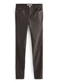 Jeans negri skinny dintr-un material neted, având cinci buzunare, fermoar și accente cu butoane aurii.