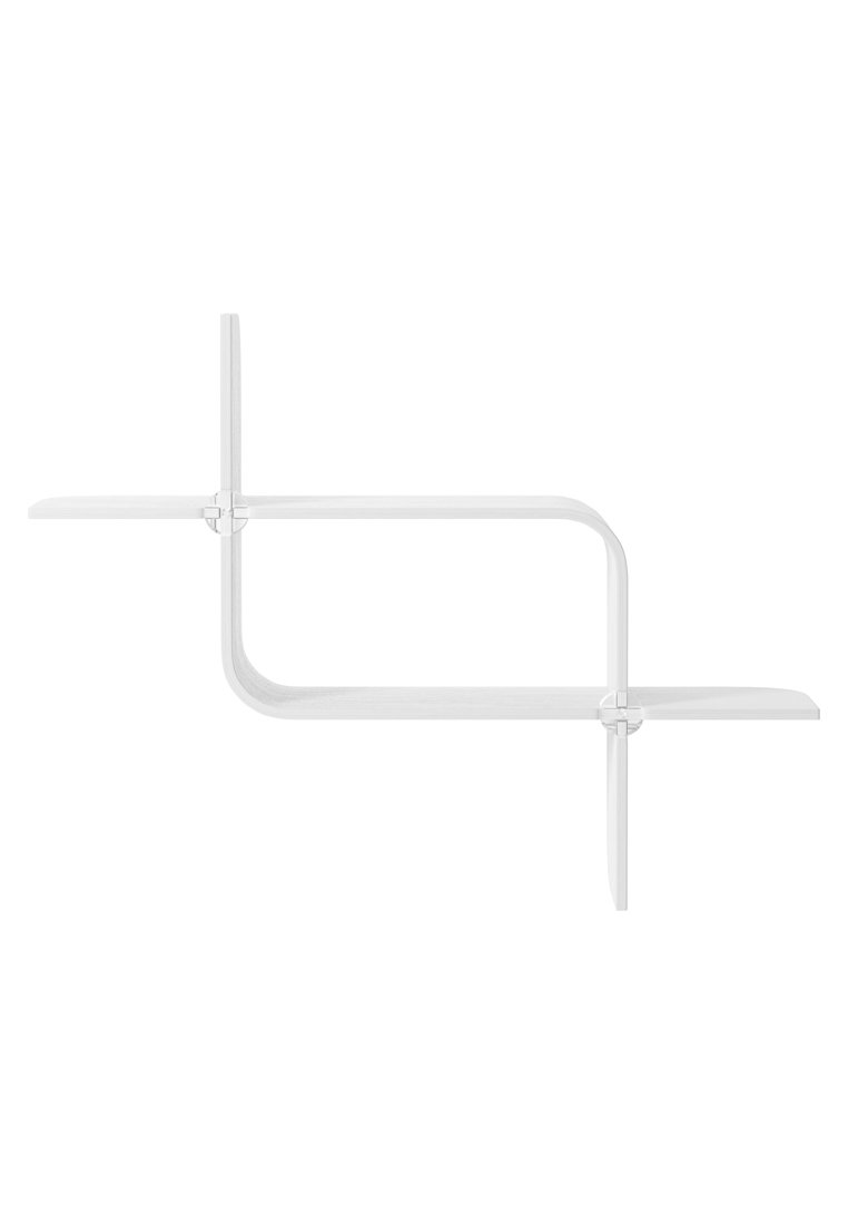 Mensola da muro in metallo bianco con un design geometrico caratterizzato da un supporto orizzontale e verticale, superficie liscia e stile minimalista.