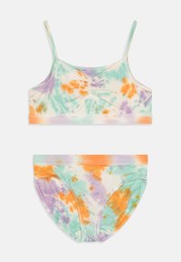 Pastelliväreissä, oranssi, purppura ja teal-kuvioilla varustettu sidetynyt bralette- ja alushoususetti. Pehmeää kangasta, jossa joustavat hihnat ja vyötärönauhat.