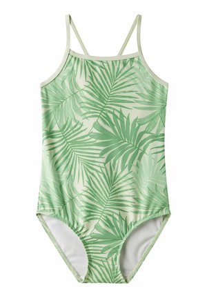 Jednoczęściowy strój kąpielowy dla dziewczynek z cienkimi ramiączkami i zielonym tropikalnym wzorem liści palmowych na jasnym tle.