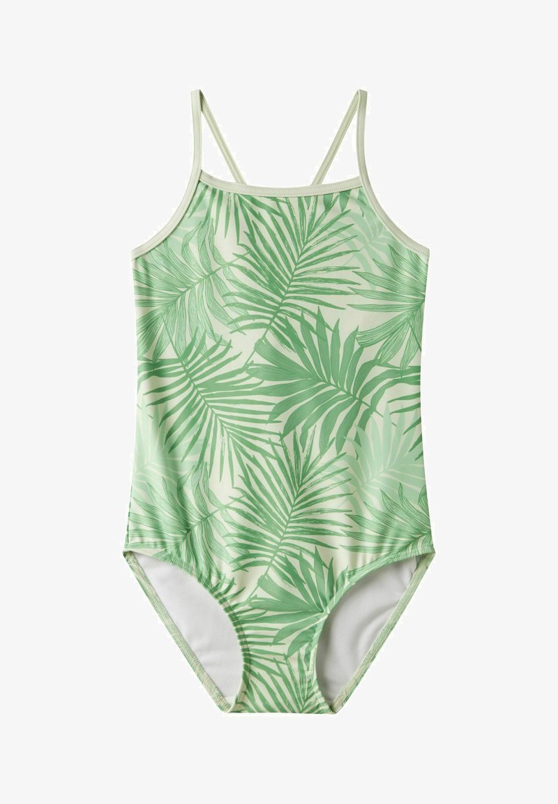 Maillot de bain une pièce pour filles avec fines bretelles et motif de feuilles de palmier tropical vert sur fond clair.