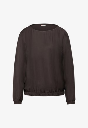 Hnědá halenka s dlouhými rukávy z hladké tkaniny, s kulatým výstřihem a elastickým lemem, s nařasenými detaily na rukávech.